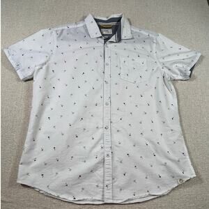 Free Planet Mens XL White Hula Girl Hawaiian Print Button Front Shirt Retro Tiki